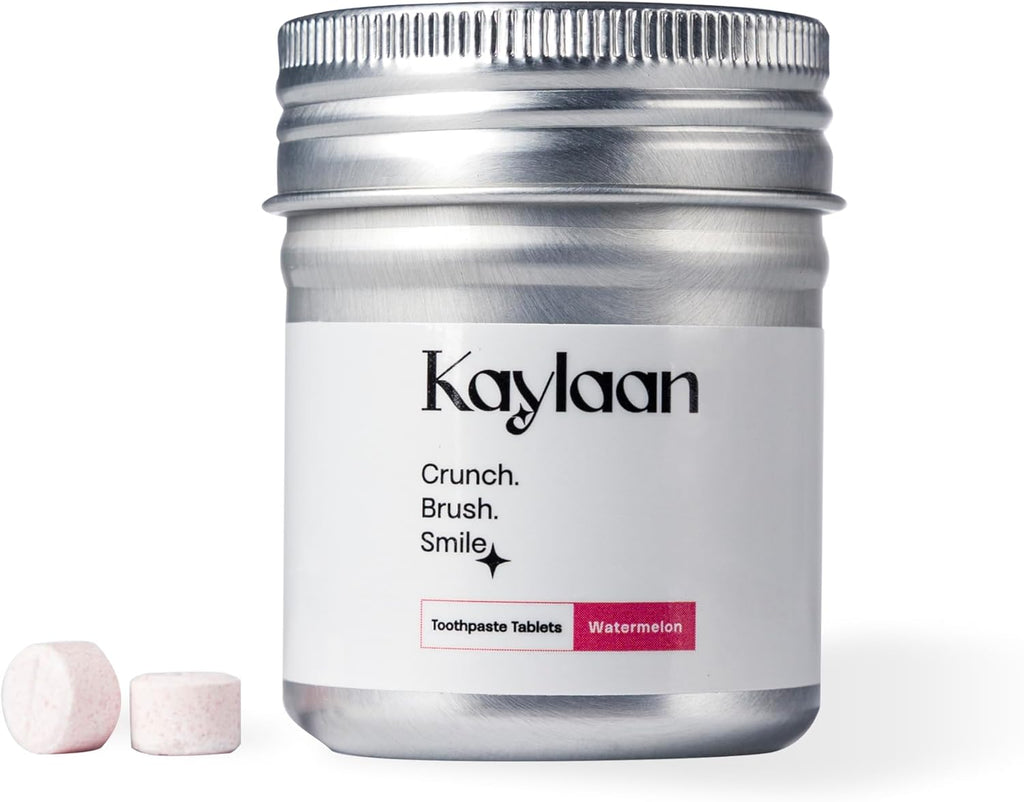 Kalyaan Kids Toothpaste Tablets with Fluoride | Whitening, Sensitivity Relief & Cavity Protection | Chewable, Plastic-Free, Travel-Friendly - Watermelon, 90 Count, Made in USA