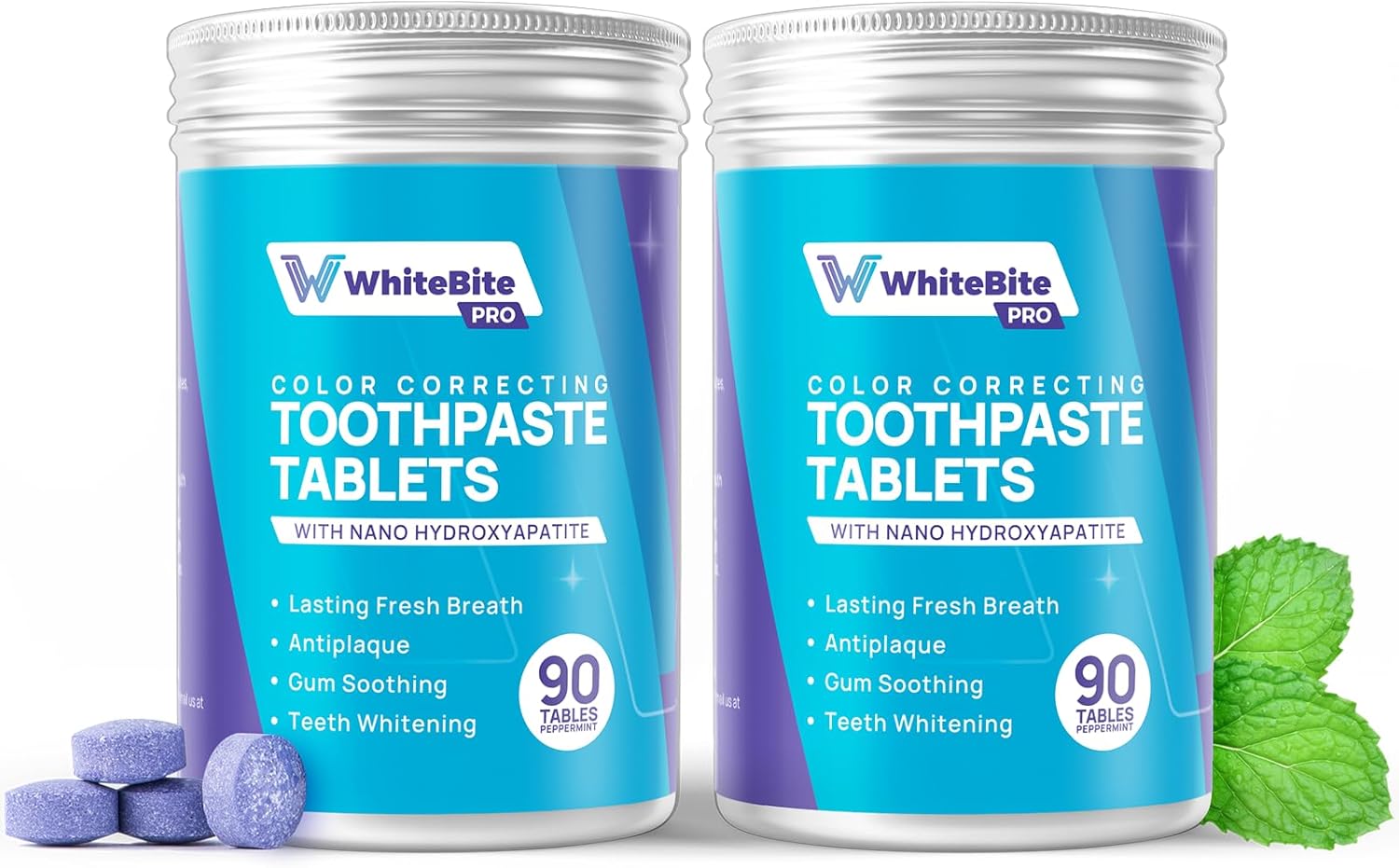 Whitebite Pro Color Correcting Toothpaste Tablets with Nano Hydroxyapatite | Fresh Breath & Natural Whitening | Travel-Friendly Toothpaste & Mouthwash | Fluoride and Plastic-Free (Peppermint, 2PK)