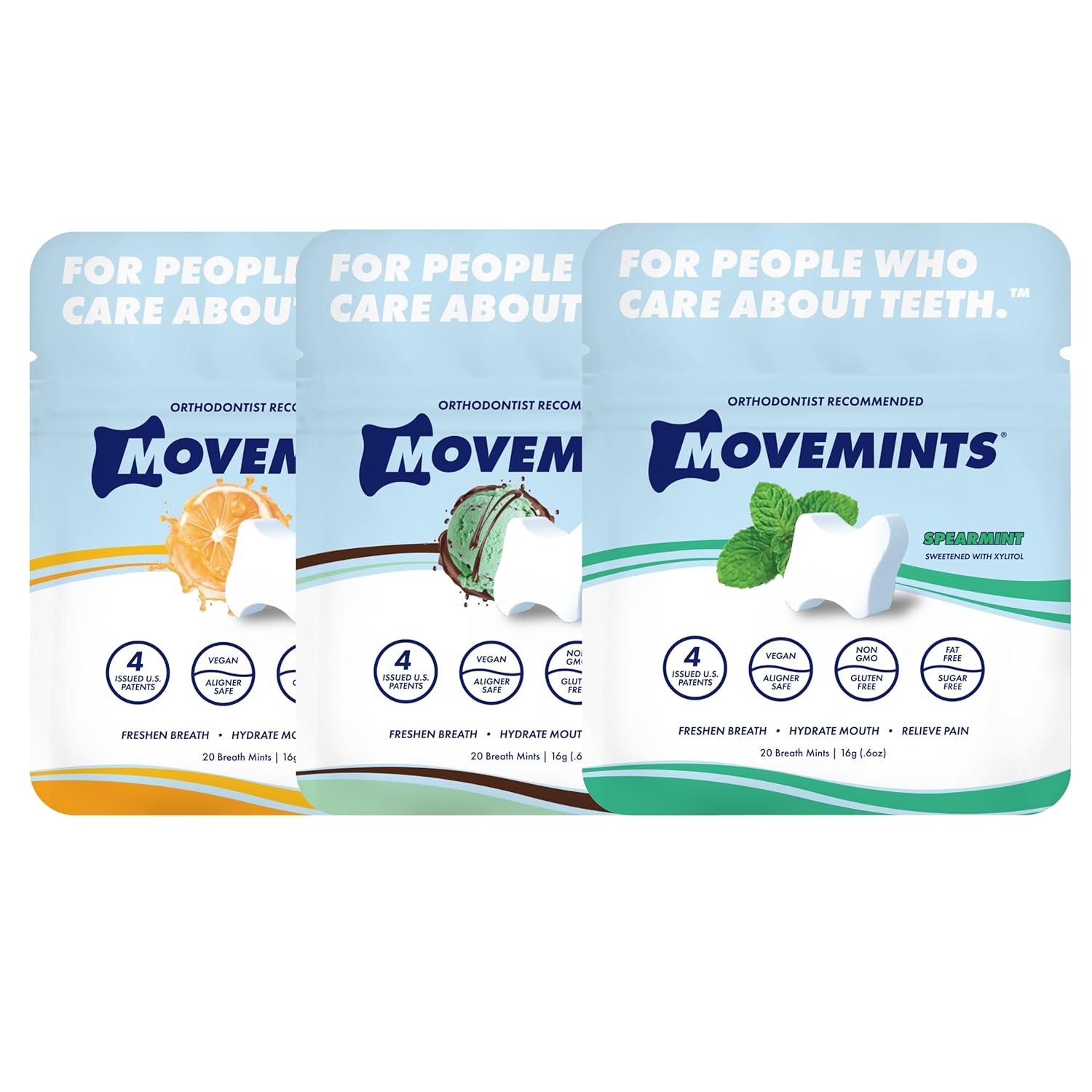 Movemints Clear Aligner Mints - Patented, Edible Alternative to Chewies - Freshen Breath and Improve Dry Mouth with Xylitol - Variety (3 Pack)