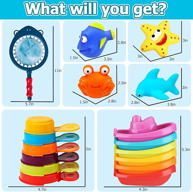 17 PCS Baby Bath Toys for Kids Ages 1-3, Mold Free No Hole Bathtub Toys with Floating Boats, Bath Spoons & Shark Net, Water Table Toys for Pool, Beach, Shower, Bath Toys for 2 3 4 Year Old Boys Girls