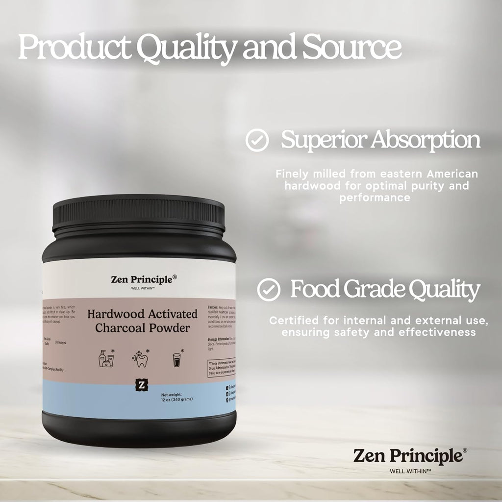 Zen Principle Activated Charcoal Powder only from USA Hardwood Trees. All Natural. Whitens Teeth, Rejuvenates Skin and Hair, Supports Better Digestion. Free Scoop Included. 12 oz.