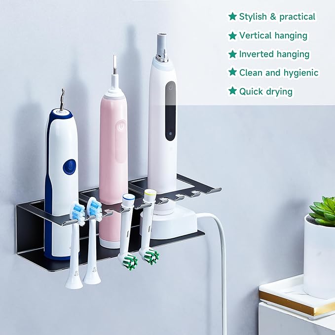 Electric Toothbrush Head Holders, Electric Toothbrush Holders Wall Mounted, Shower Electric Head Holder, Toothbrush and Toothpaste Holder, Adhesive Tooth Brushing Holder for Bathroom (Black, Large)