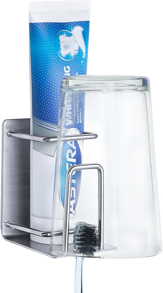Stainless Steel Adhesive Wall Mounted Toothbrush Holder, 3 in 1 Organizer for Toothbrush, Toothpaste, and Cup (Silver (1 Pack))