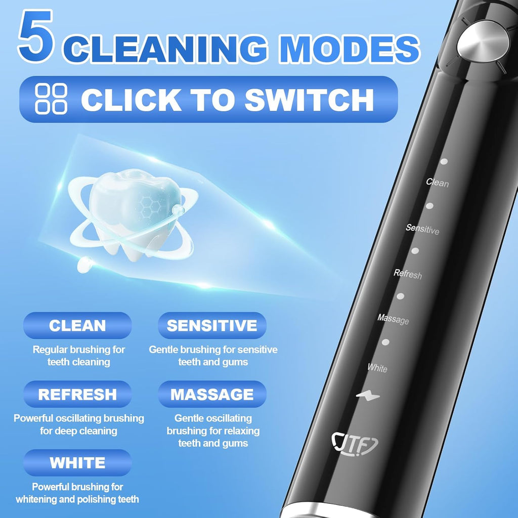 JTF Sonic Electric Toothbrush for Adults - Teeth Whitening Toothbrush with 6 Brush Heads and a Travel Case, Fast Charging for 60 Days Use Waterproof Toothbrushes, Black