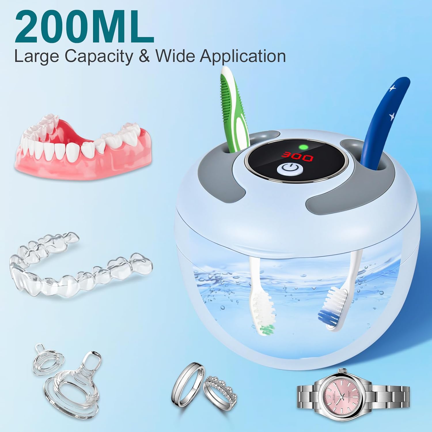 Ultrasonic Retainer Cleaner, Retainer Cleaner Machine Denture Cleaning Pod for Mouth Guards|Aligners|Braces|Toothbrush Heads|Jewelry, 45kHz with Digital Timer