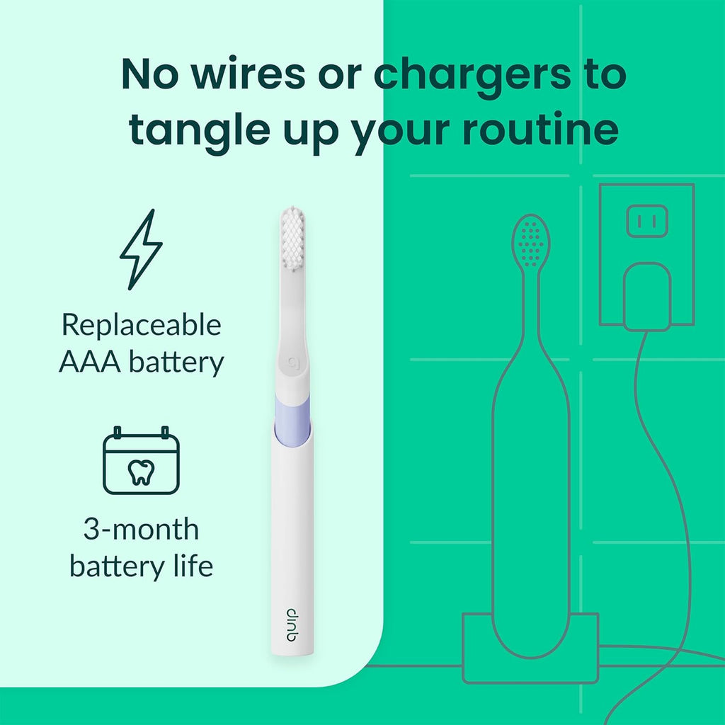 Quip Sonic Electric Toothbrush for Adults - Time Travel & Soft Bristles with Travel Case & Replacement Brush Head - 3 Month Battery Life, Plastic Handle- Lavender