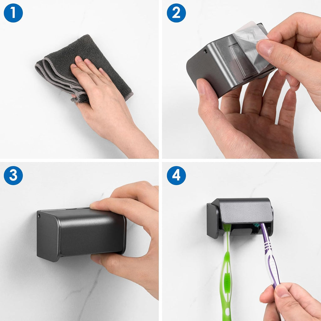 2 PCS Toothbrush Holder Wall Mounted with Cover for Bathroom, 2 Slots Toothbrush Storage Organizer for Shower, Self Adhesive Toothbrush Hanger Rack for Dorm, Cabinet (Brushed Grey)