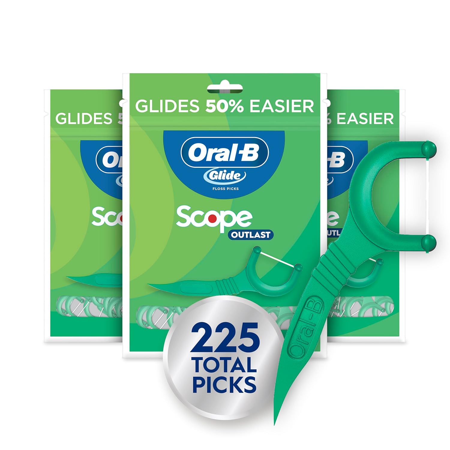Oral-B Glide Mint Dental Floss Picks with Long Lasting Scope Flavor, 3 Pack of 75 Picks (225 Total)