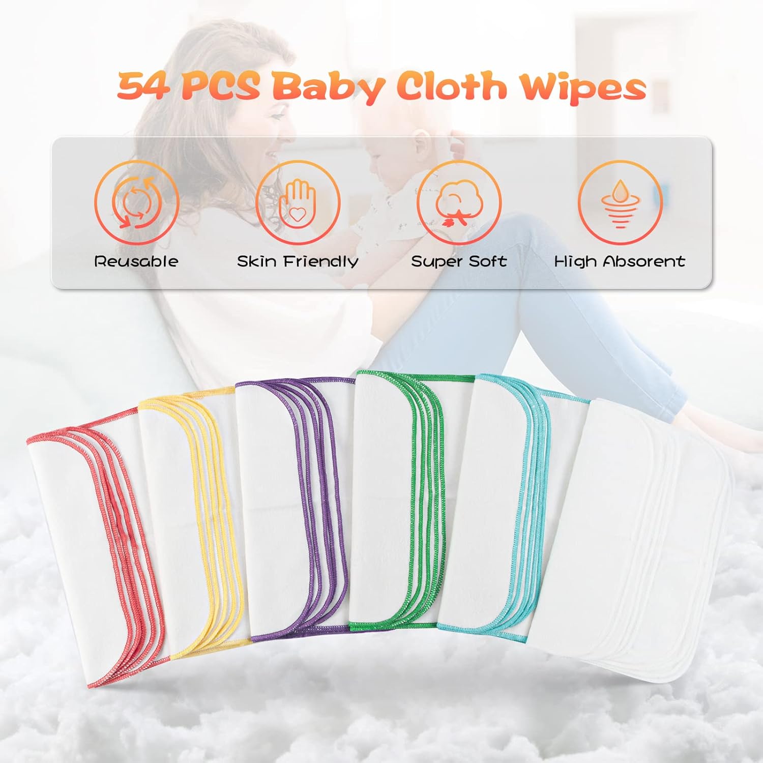 54 Packs Flannel Cloth Baby Wipes with Dispenser, Reusable Natural Skin-Friendly Baby Wipes, Body Face Hand Washcloth Essential for Cloth Diapers 8x8 inch