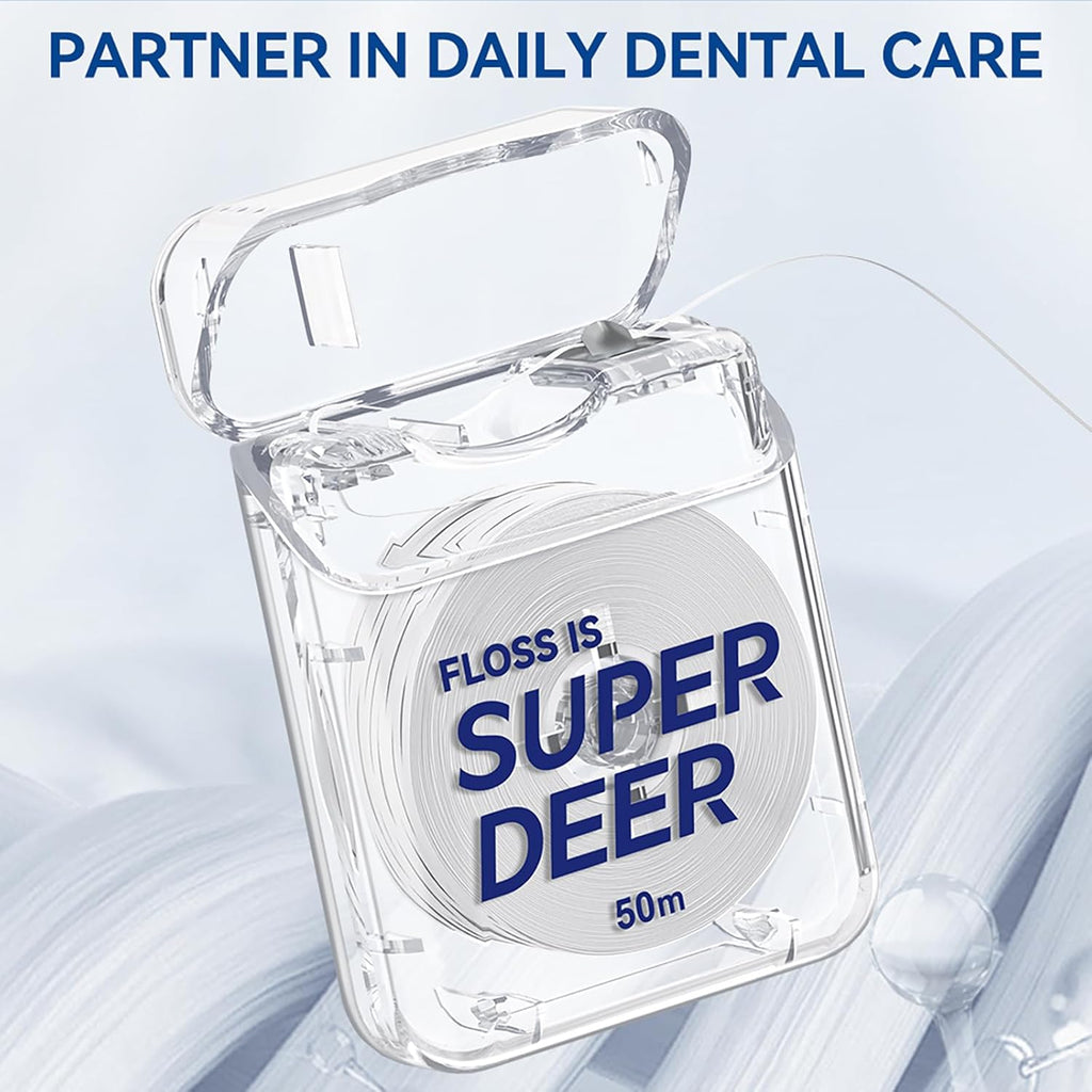Super Deer Flat Dental Floss - Mint, PTFE Floss, Gentle on Gums, Expands & Stretches,Plaque Remover for Teeth, Shred Resistant, Floss Slides Smoothly, Easy to Use, 55 yd (1)