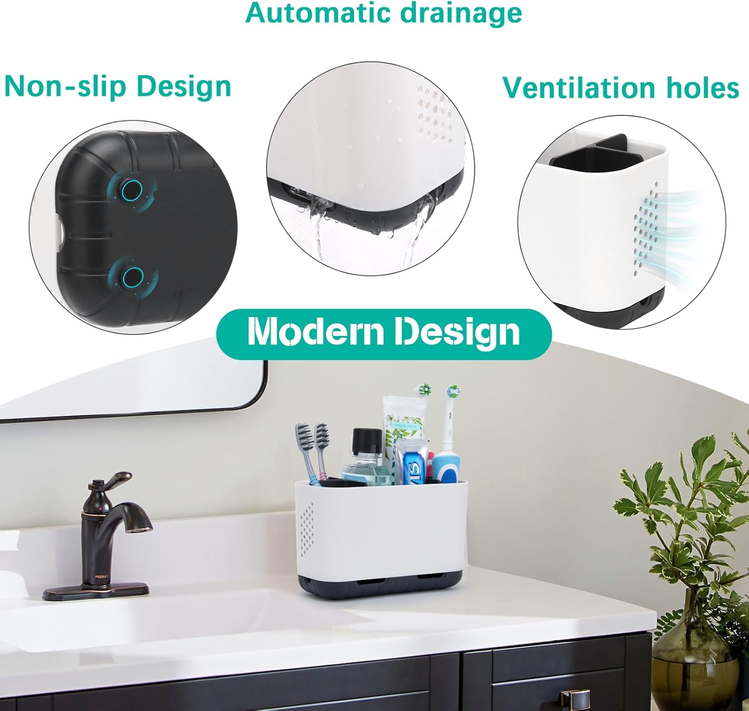 Toothbrush Holders for Bathrooms, Electric Toothbrush and Toothpaste Holder with Adjustable Dividers and Drainage, Kids Toothbrush Organizer for Bathroom Countertop