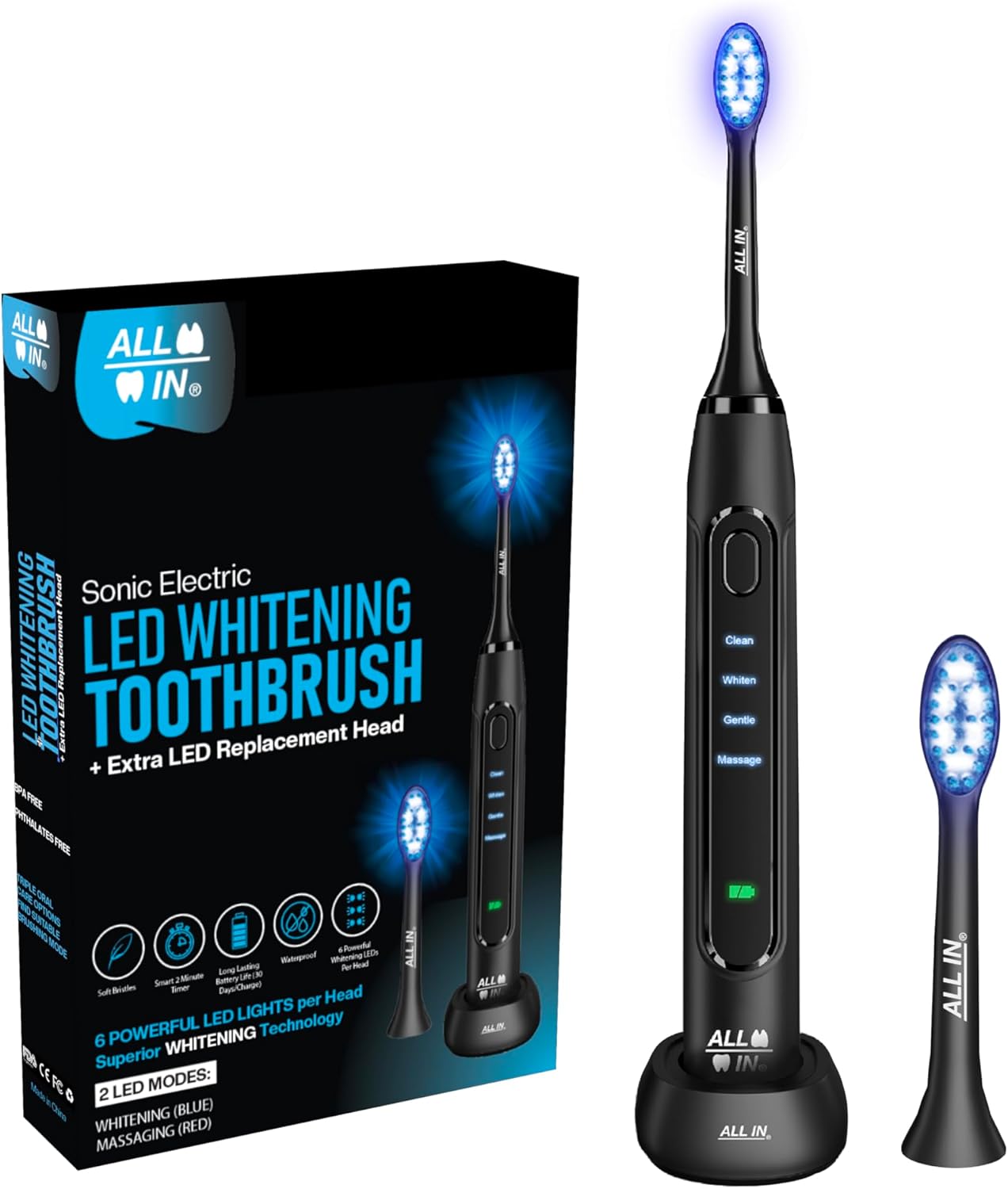 ALL IN Sonic Rechargeable LED Whitening Toothbrush - BLUE & RED LED Light Technology - 4 Advanced Deep Cleaning Modes with a Timer - Adult Toothbrush - BPA FREE and PHTHALATES FREE