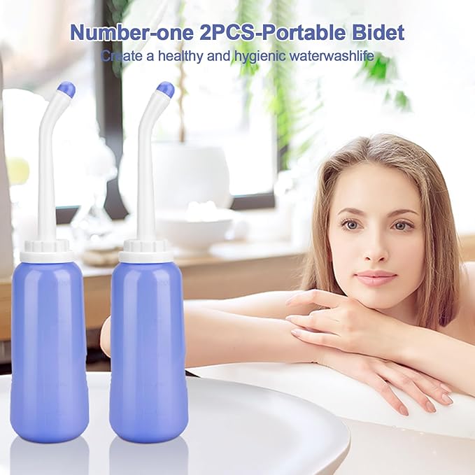 2 Pack Portable Bidet Sprayer Peri Bottle, Number-one Travel Bidet Bottle 500ml 17oz Personal Hygiene Care Toilet Bidet Shower with 2 Nozzles, Dust Cap and Storage Bag for PostPartum Care and Recovery