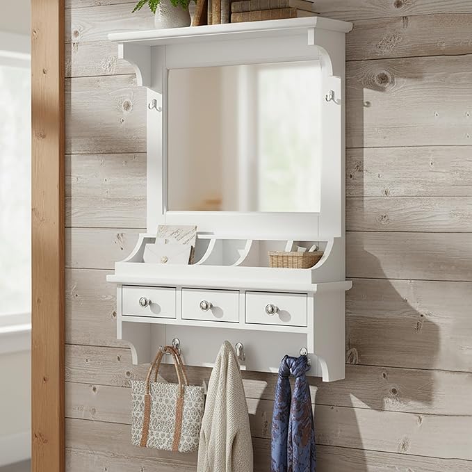 Merax Floating Hall Tree 2-in-1 Entryway Storage Makeup Vanity, with Coat Rack Hooks & 3 Drawers & Big Mirror & Key Hooks, Space-Saving Wall-Mounted Home Organizer for Small Space, White