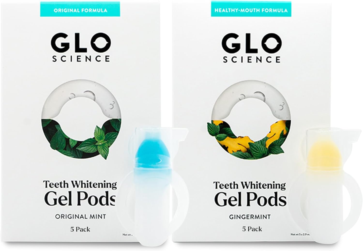 GLO Science Teeth Whitening Gel Pods – Safe, Effective Tooth Whitener with Silicon Brush, 6% Hydrogen Peroxide – Fastest Way to Whiter Teeth, Sensitivity Free – 5-Pack of Mint + 5-Pack of Gingermint