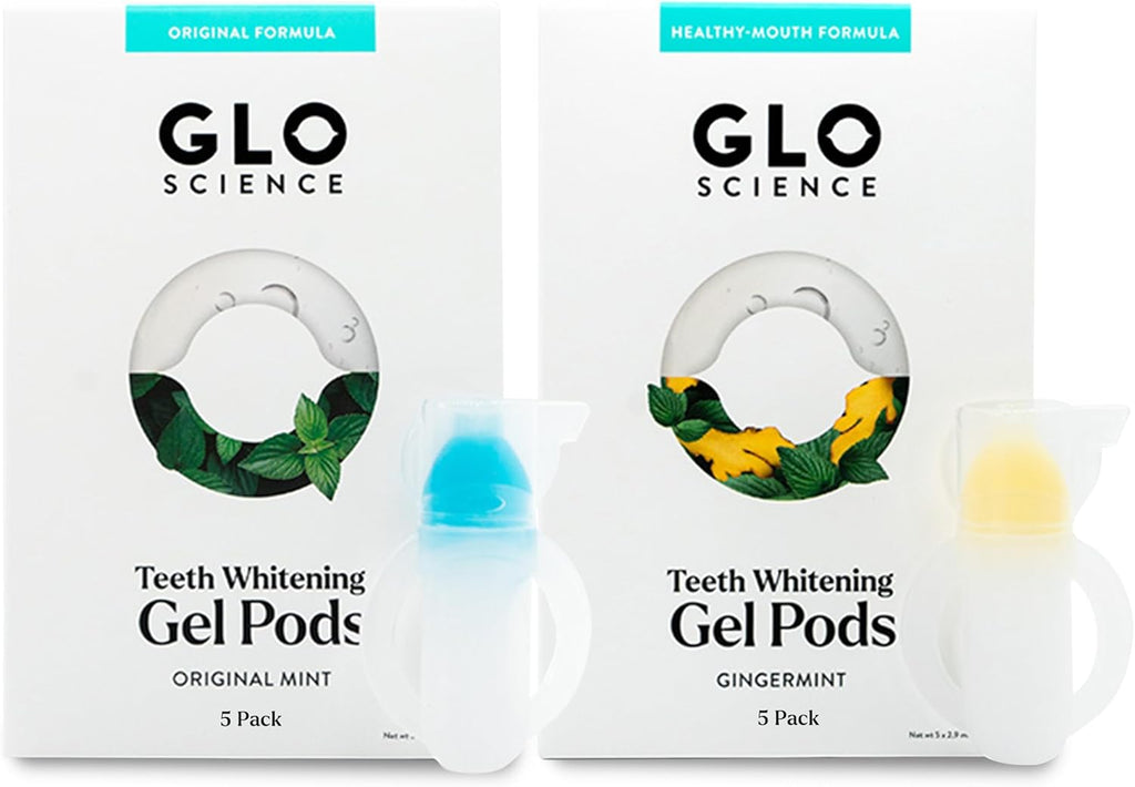GLO Science Teeth Whitening Gel Pods – Safe, Effective Tooth Whitener with Silicon Brush, 6% Hydrogen Peroxide – Fastest Way to Whiter Teeth, Sensitivity Free – 5-Pack of Mint + 5-Pack of Gingermint