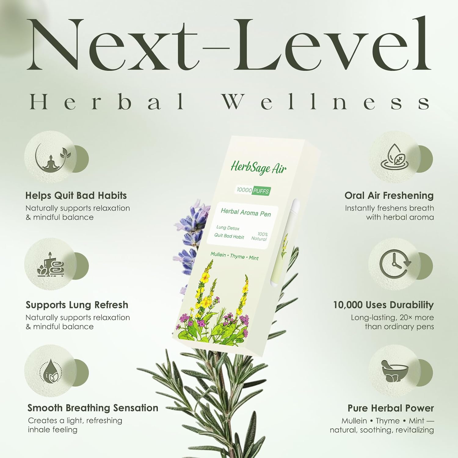 Next-Gen Mullein Herbal Diffuser Pen - REVOLUTIONARY Up to 10,000 Uses | All-Natural with Mullein, Thyme & Mint for Lung Cleansing, Freshens Breath & Quitting Bad Habit