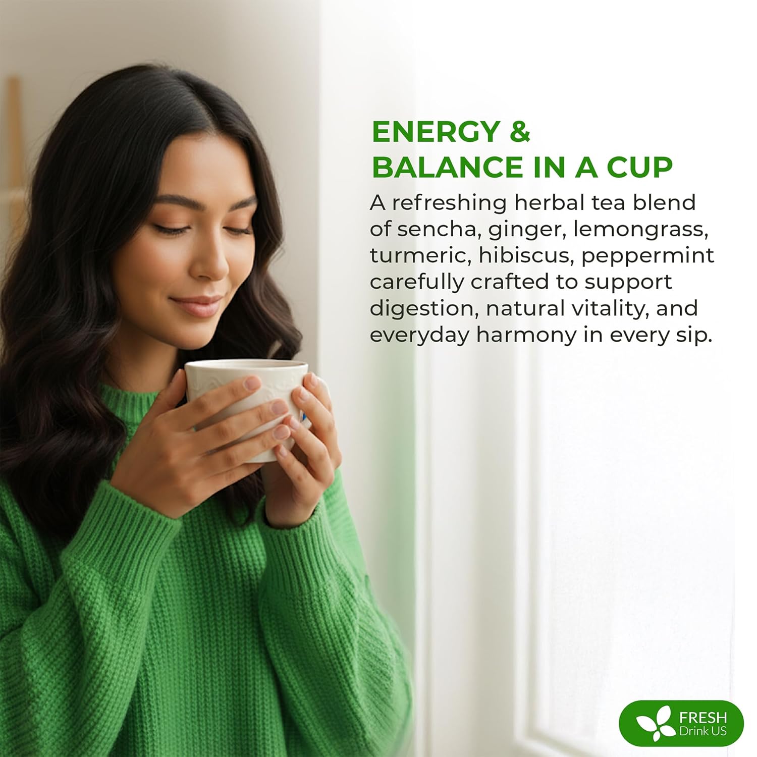 FreshDrinkUS, Premium Green Ginger Tea | 75 Tea Bags | Sencha Green Tea with Ginger, Lemongrass, Turmeric, Hibiscus & Peppermint | Natural Herbal Blend | Comfort & Refreshing, Vegan