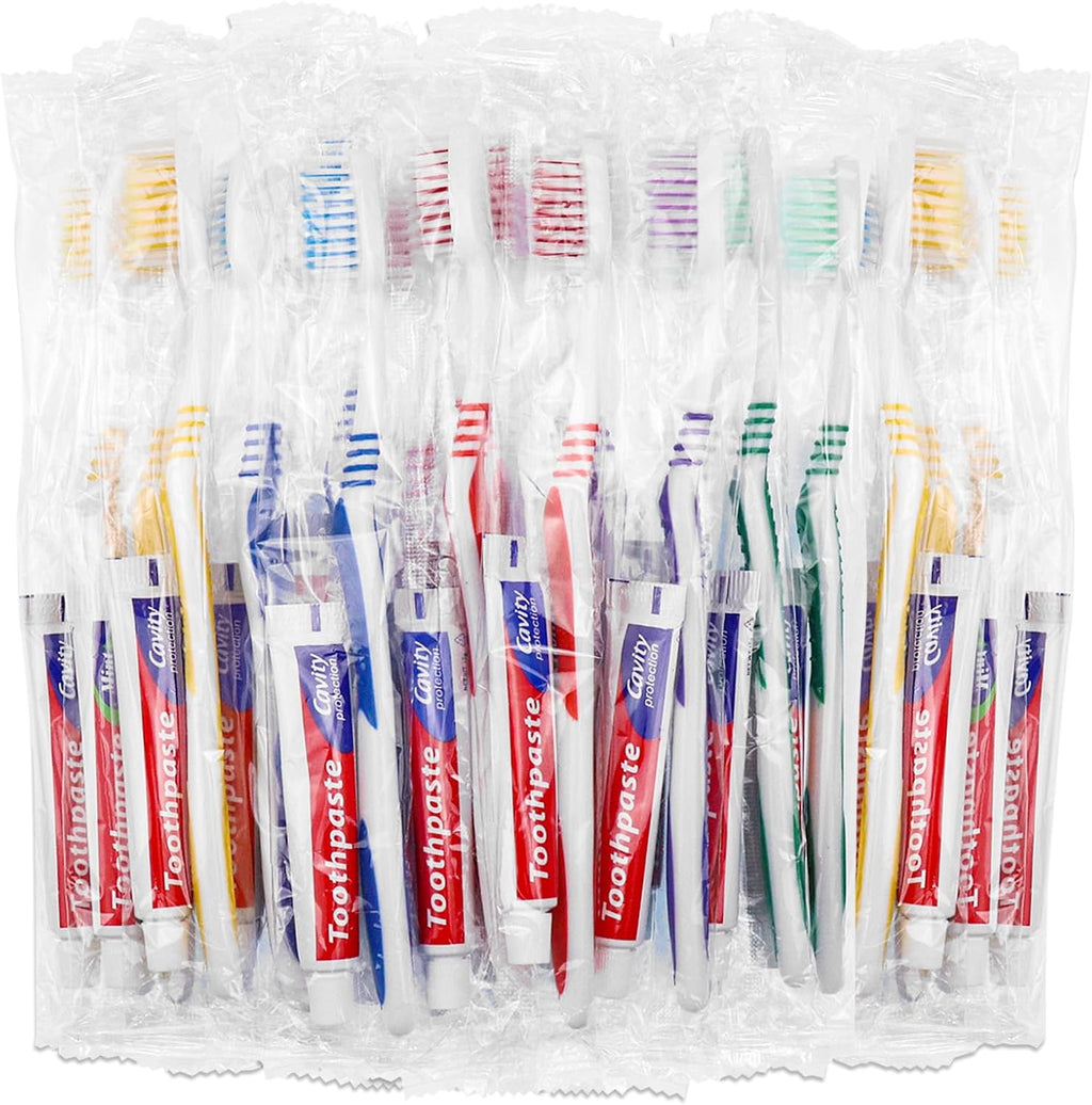 10 Set Disposable Toothbrushes with Toothpaste and Soap Individually Wrapped, 10 pcs Toothbrushes, 5 Colors with 10pcs Bar Soap(0.5 oz)