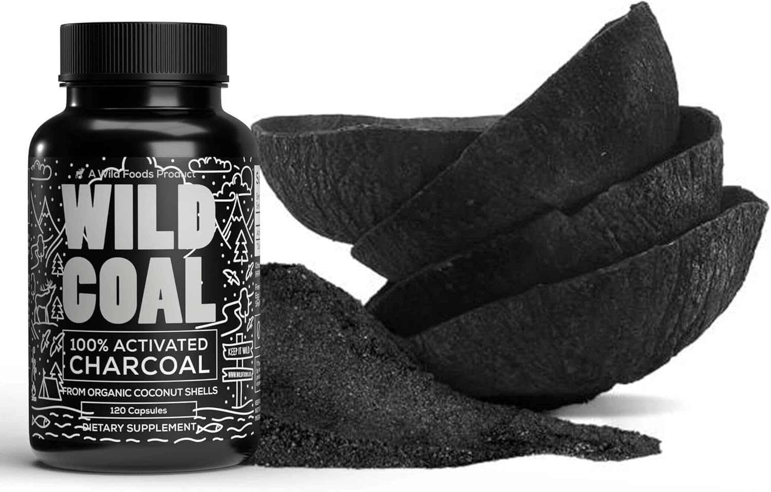 Wild Foods Activated Charcoal Capsules | 100% Organic Coconut Shells Active Tablets | Lab Tested & Non-GMO Detox Pills | USA (Three Bottles - 120 Capsules)