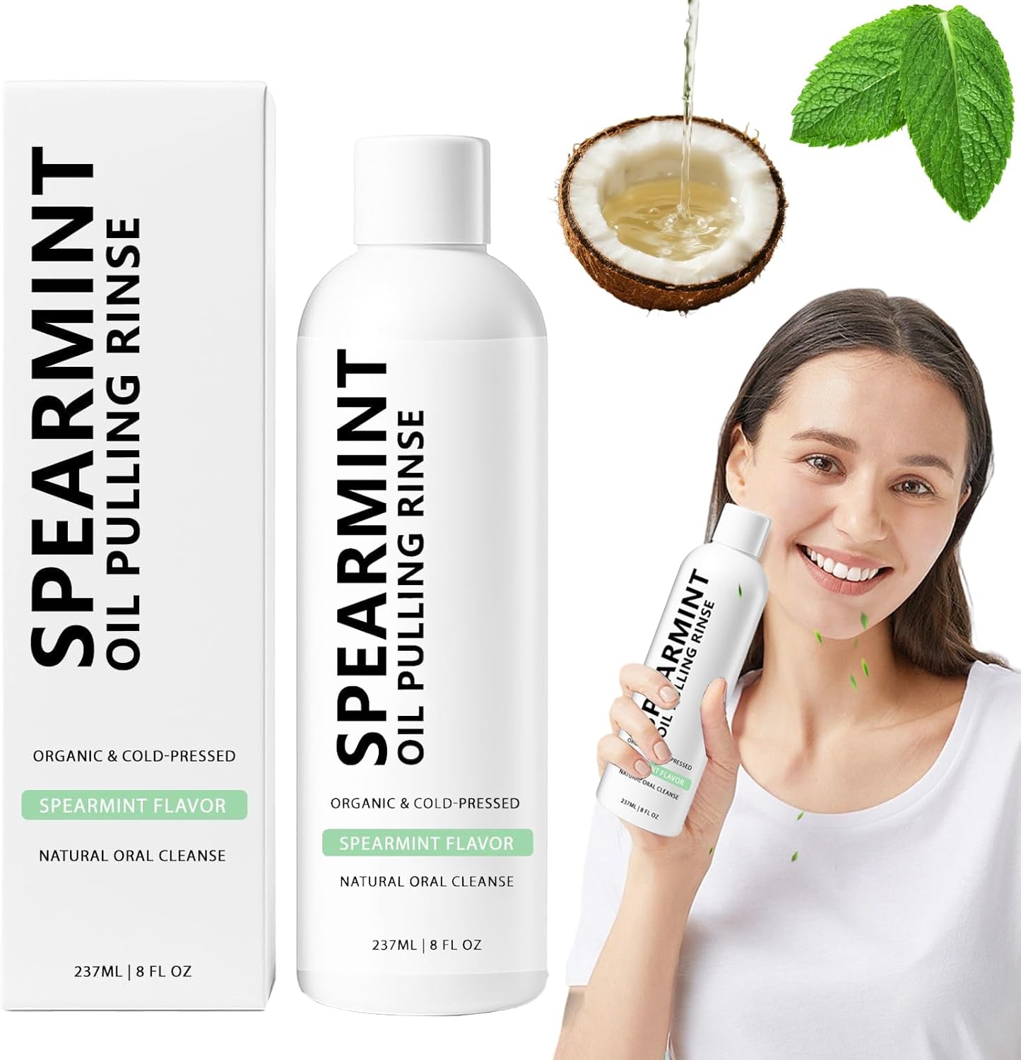 Spearmint Oil Pulling Mouthwash Rinse(237 ml), Cold-Pressed Coconut Mouthwash, Fresh Breath & Oral Care, Cleans Deeply Gentle Yet Effective (1)