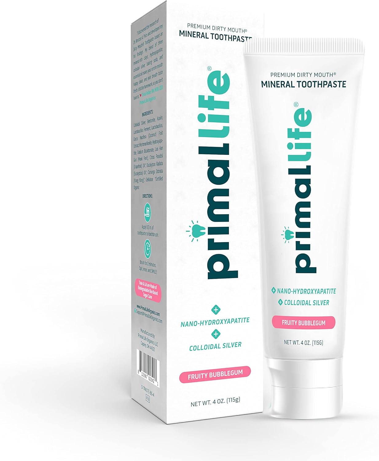 Primal Life Organics Premium Dirty Mouth Mineral Toothpaste - Nano-Hydroxyapatite, Colloidal Silver, Charcoal - Organic, All Natural Whitening Formula (Bubblegum Flavor, 4oz)