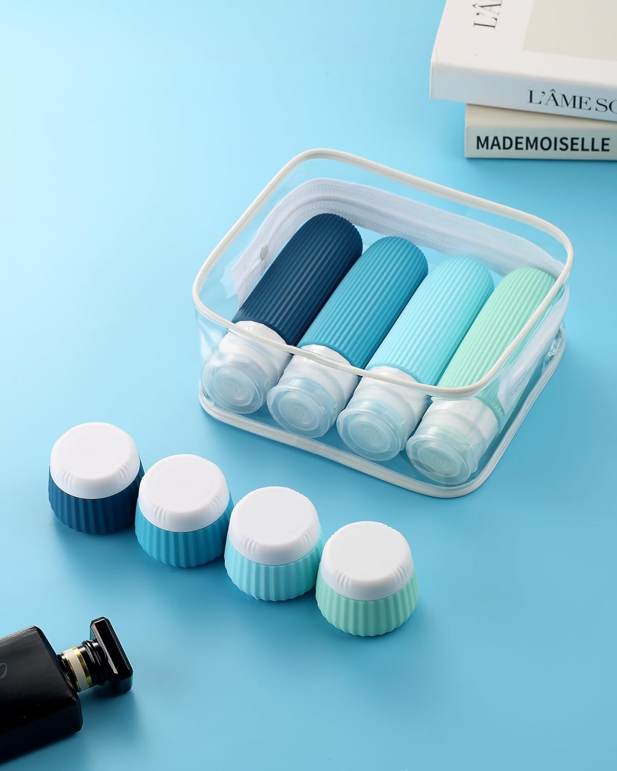 Travel Bottles for Toiletries 8 Pack, Tsa Approved Travel Size Toiletries 3 oz, Containers for Toiletries, with Clear Bag, Leak Proof Silicone Squeezable Essentials Creams Jars