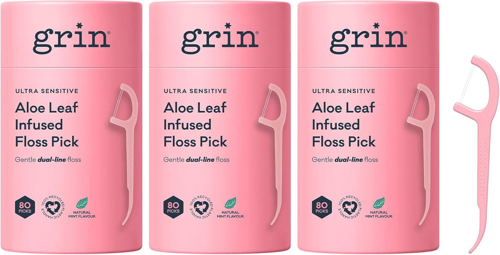 Grin Tooth Picks Flossers for Adults – Aloe Leaf Infused Dental Floss Picks for Teeth Cleaning - Natural Mint Flavor - 100% Recycled Plastic Handle - 80 Count Canister (Pack of 3)