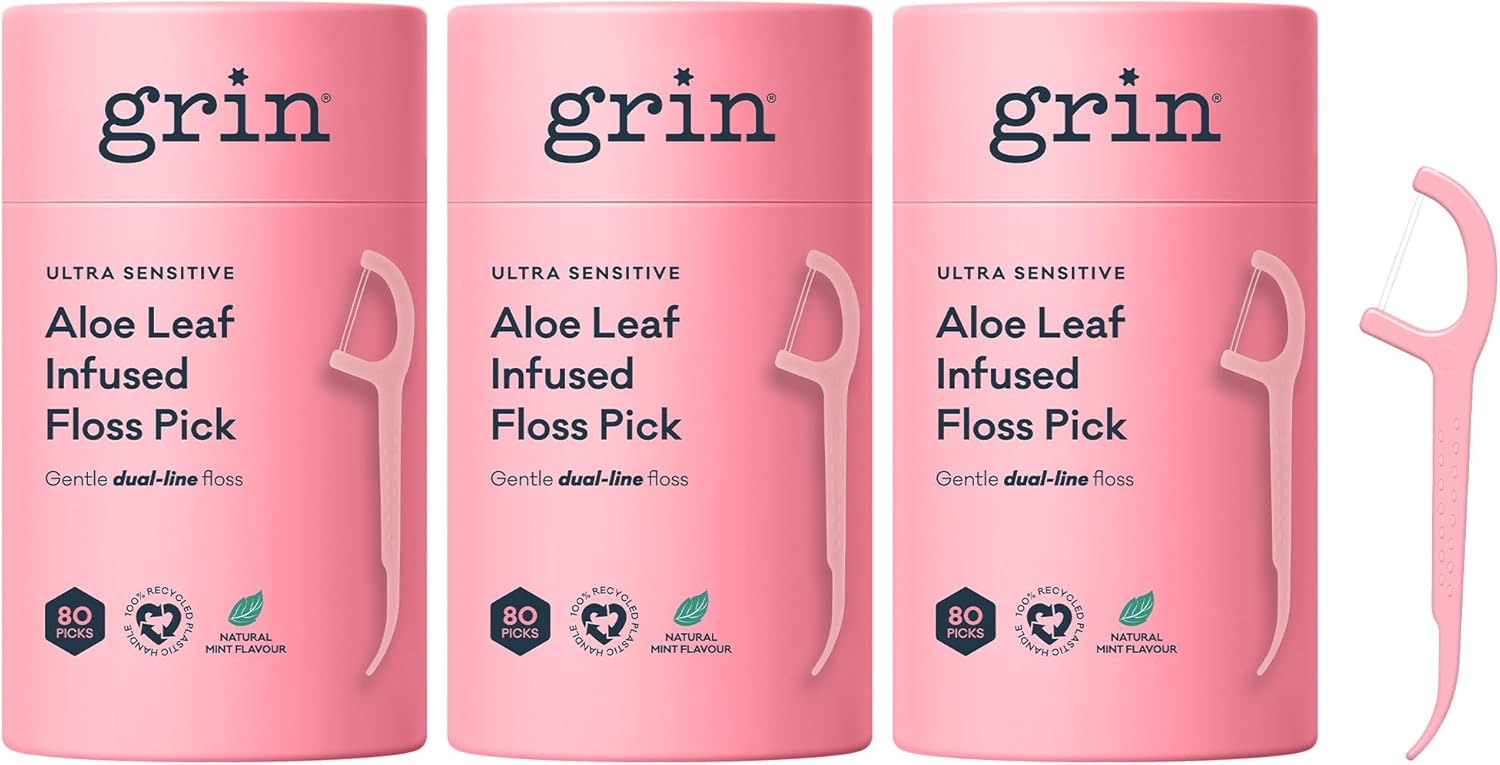Grin Tooth Picks Flossers for Adults – Aloe Leaf Infused Dental Floss Picks for Teeth Cleaning - Natural Mint Flavor - 100% Recycled Plastic Handle - 80 Count Canister (Pack of 3)