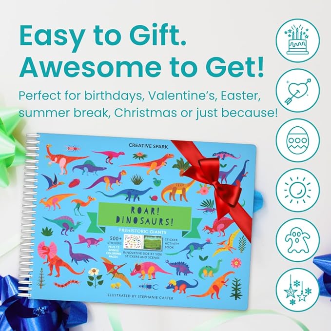 Cupkin Dinosaur Sticker Book Activity for Kids, Toddler Airplane Travel Essentials, 500+ Dino Stickers for Kids + 12 Scenes + 12 Coloring Book Pages, Dinosaur Lover Gift, Crafts Ages 2-8