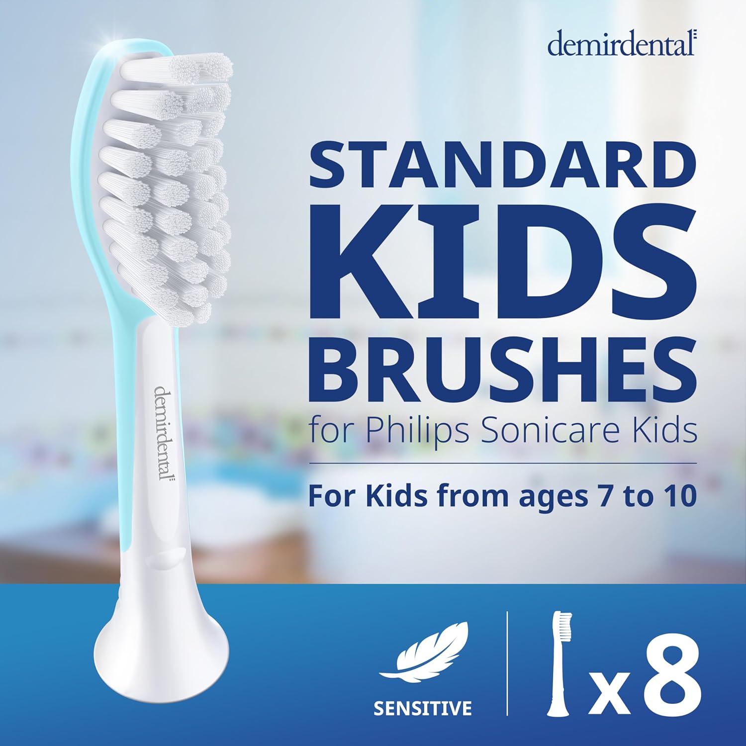 demirdental Kids Toothbrush Heads Compatible with Philips Sonicare Kids Toothbrush Heads - Replacement Heads Sensitive - Brush Heads from Ages 7 to 10 - Turquoise - Replaces HX6048-8 Pack
