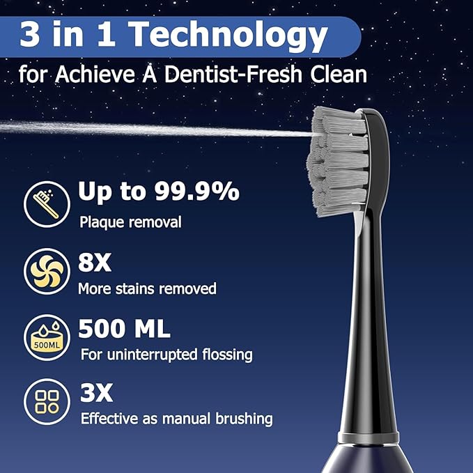 Electric Toothbrush with Water Flossers for Adults, Upgrade Flossing Toothbrush Combo, 5 Floss Speeds&3 Brush Modes, 500mL Tank, 30-Day Battery, for Adults & Teens, Gums, Braces, Dental Care,Blue
