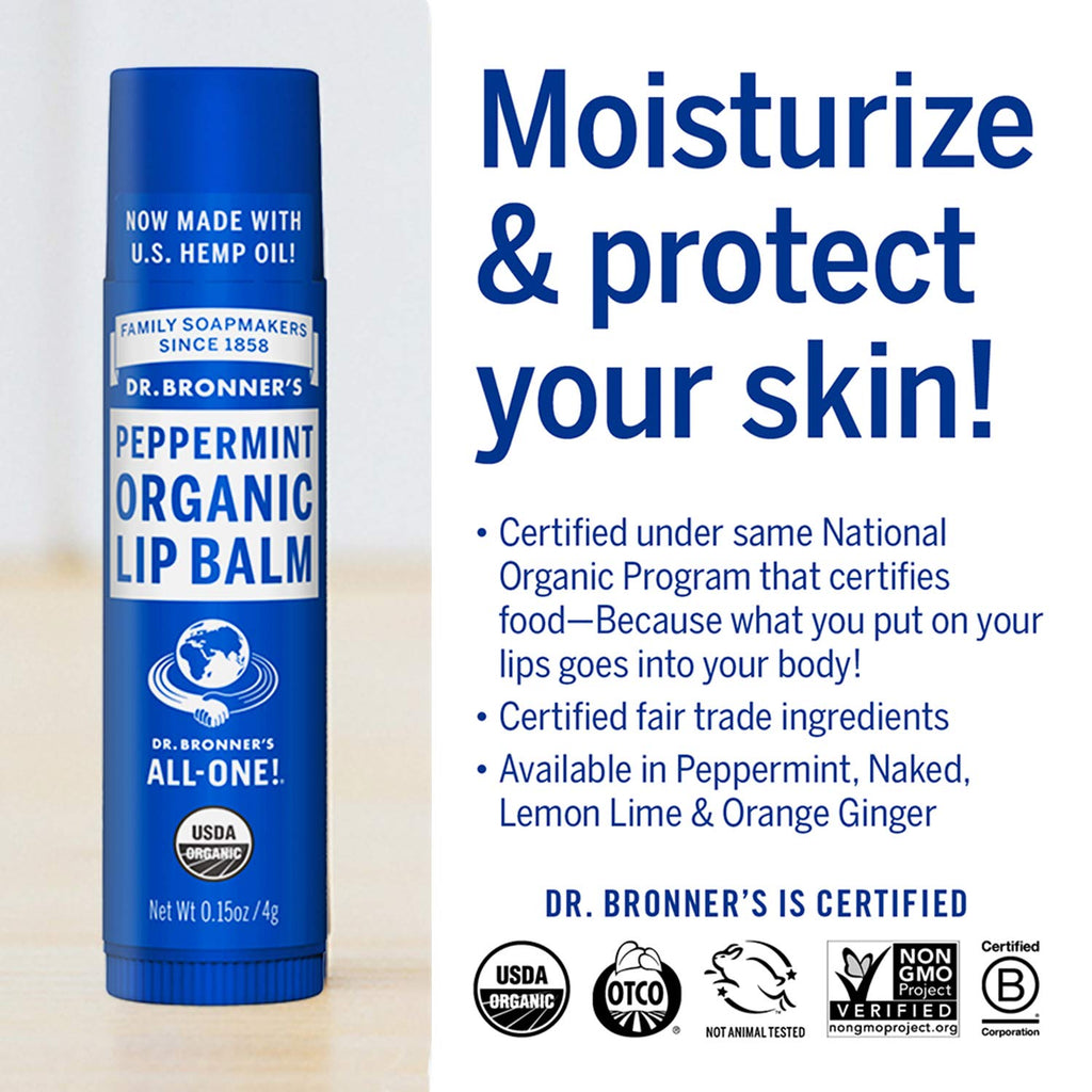 Dr. Bronner's - Organic Lip Balm (Peppermint, 0.15 ounce, 6-Pack) - Made with Organic Beeswax and Avocado Oil, For Dry Lips, Hands, Chin or Cheeks, Jojoba Oil for Added Moisture, Cooling and Hydrating
