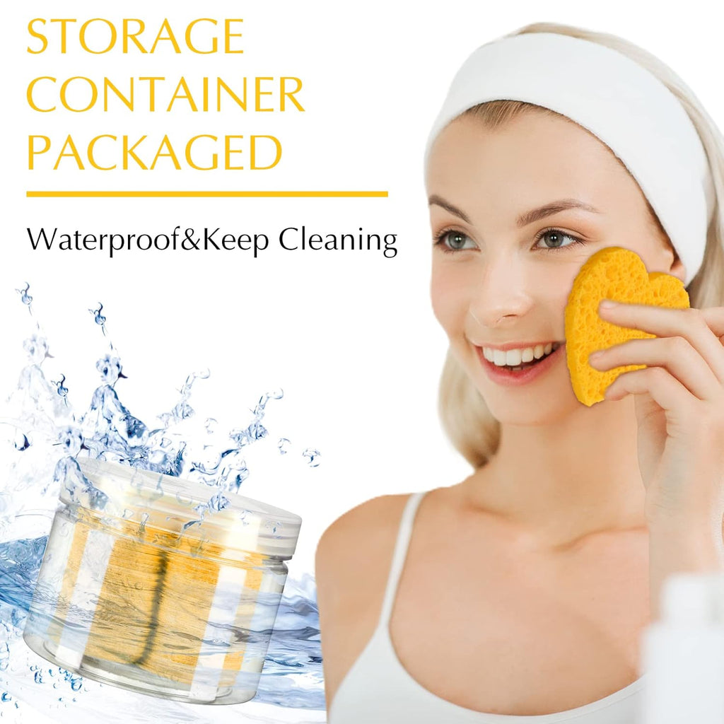 Nuenen 60 Pieces Facial Sponges with Container, Heart Shape Compressed Face Sponges Natural Cleaning Pads for Washing Face Cleaning Exfoliating Esthetician Makeup Removal(Yellow)