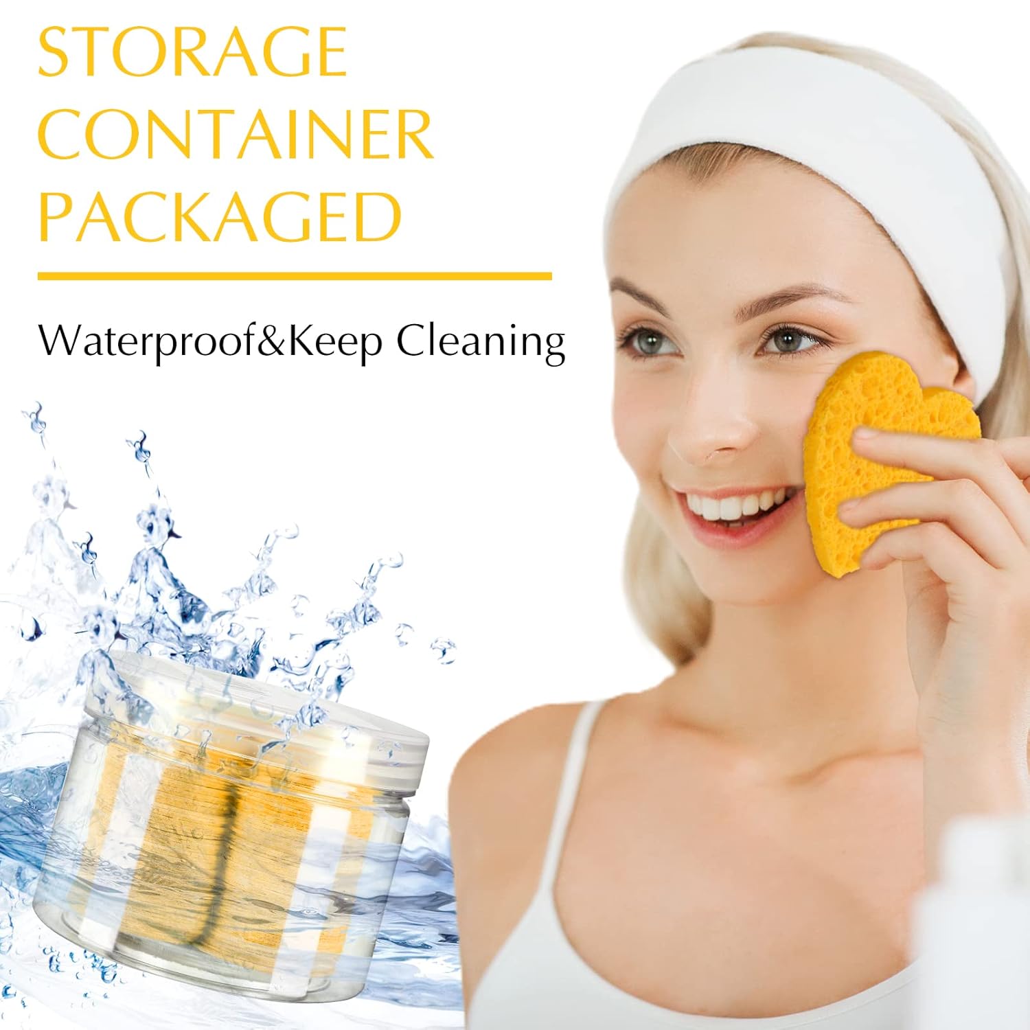 Nuenen 60 Pieces Facial Sponges with Container, Heart Shape Compressed Face Sponges Natural Cleaning Pads for Washing Face Cleaning Exfoliating Esthetician Makeup Removal(Yellow)