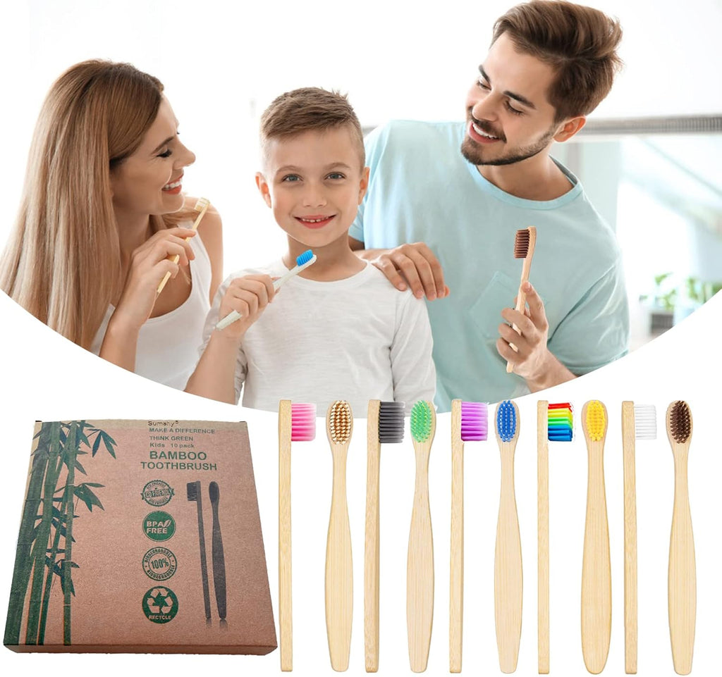 10 Color Kids Bamboo Toothbrushes | BPA Free Soft Bristles Wooden Toothbrushes | Eco-Friendly Biodegradable & Compostable Charcoal Toothbrushes - Economy Family Pack