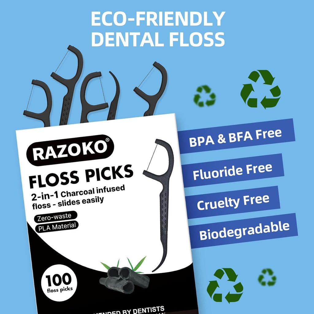 RAZOKO Natural Dental Floss Picks High Toughness Charcoal Toothpicks Sticks-Vegan,Eco-Friendly Sustainable Flossers for Teeth Cleaning 100 Count