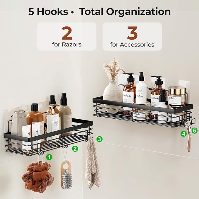 Orimade Shower Caddy with 5 Hooks for Hanging Razor and Sponge Adhesive Shower Shelf Basket Bathroom Storage Organizer Kitchen Rack No Drilling Stainless Steel Rustproof - 2 Pack,Black