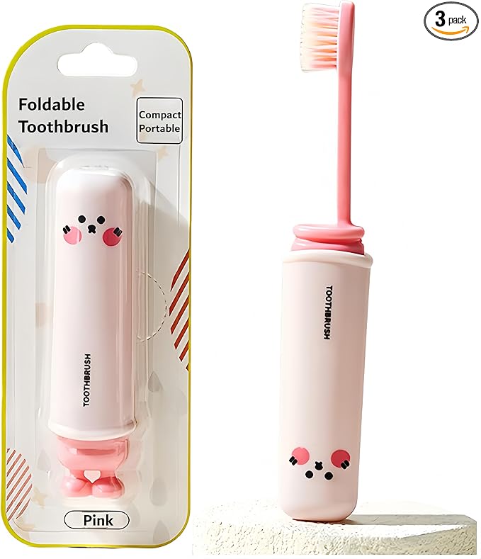 Folding Toothbrush with Built-in Cover, Perfect for Travel, Hiking & Camping, Compact & Portable, Toothbrush with Soft Bristles, for Adults & Kids (Pink)