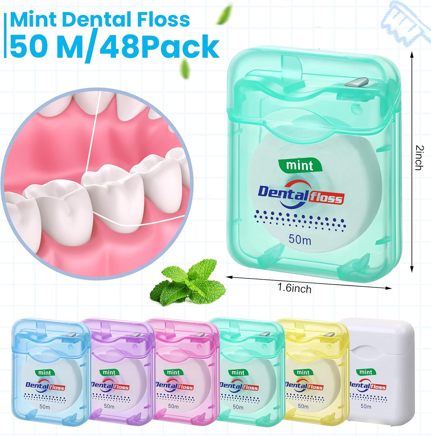 Geiserailie 72 Pack Dental Floss Bulk 50m Each Mint Travel Dental Floss Oral Care for Teeth and Gum Protection(Multicolor)