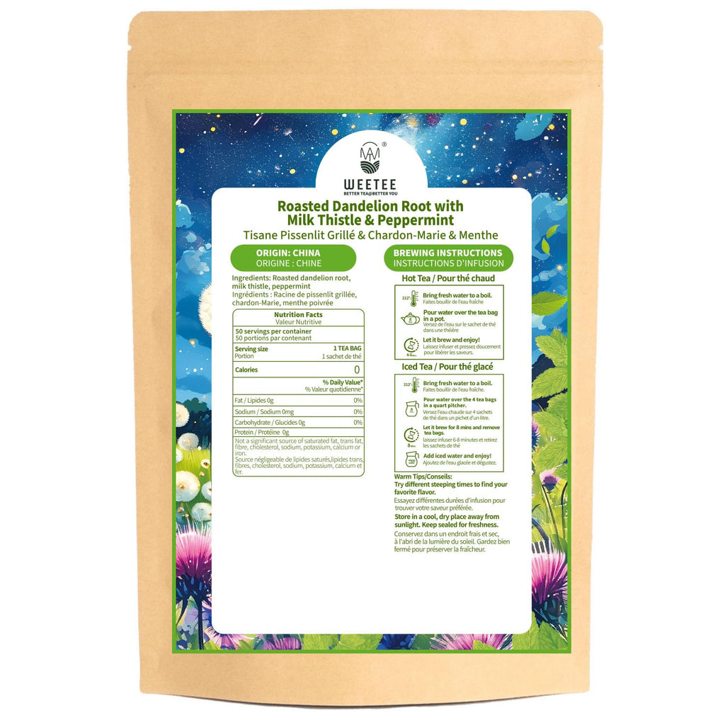 WT WEETEE Roasted Dandelion Root Tea with Milk Thistle and Peppermint, 50 Natural Caffeine-free Herbal Tea Bags for Liver Cleanse