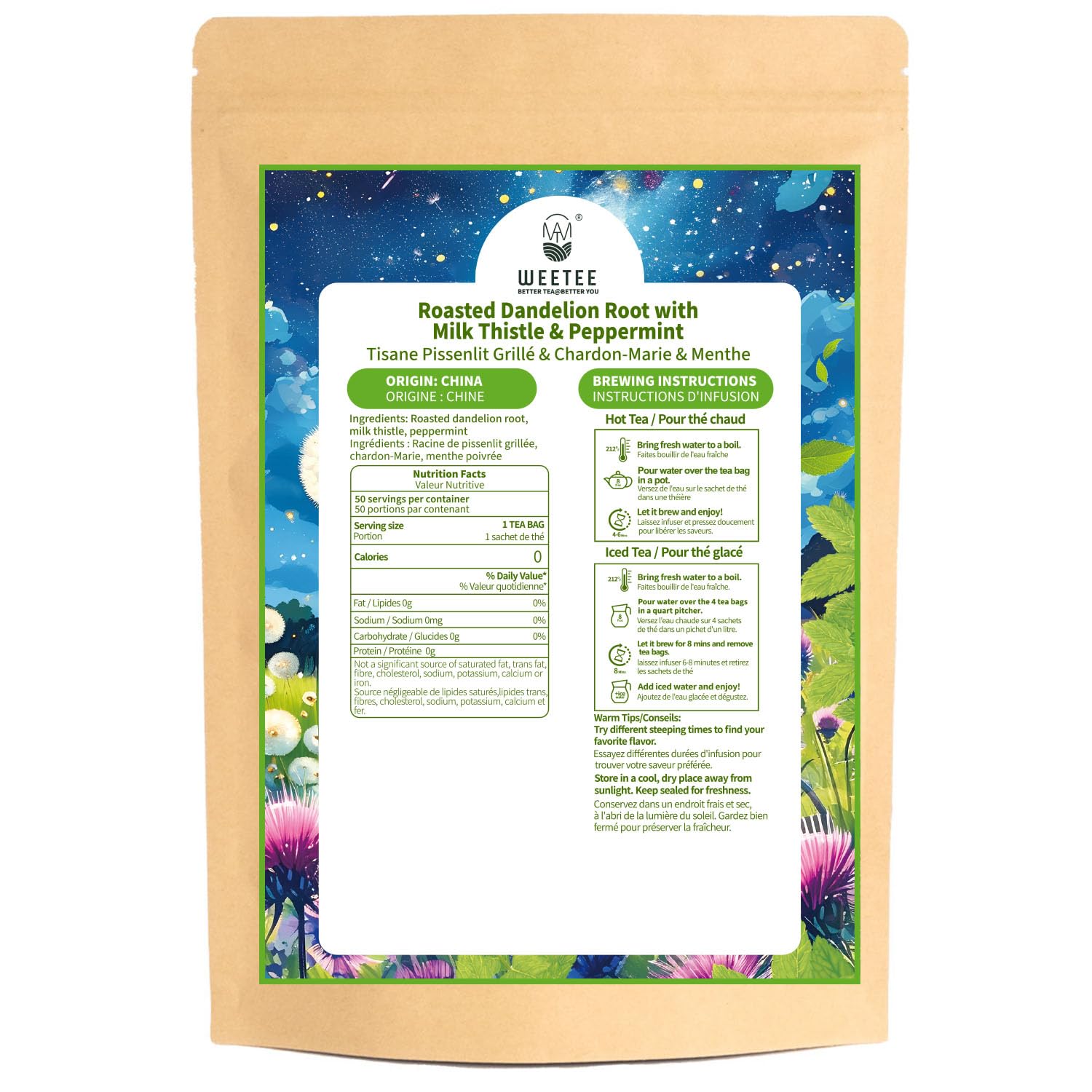 WT WEETEE Roasted Dandelion Root Tea with Milk Thistle and Peppermint, 50 Natural Caffeine-free Herbal Tea Bags for Liver Cleanse