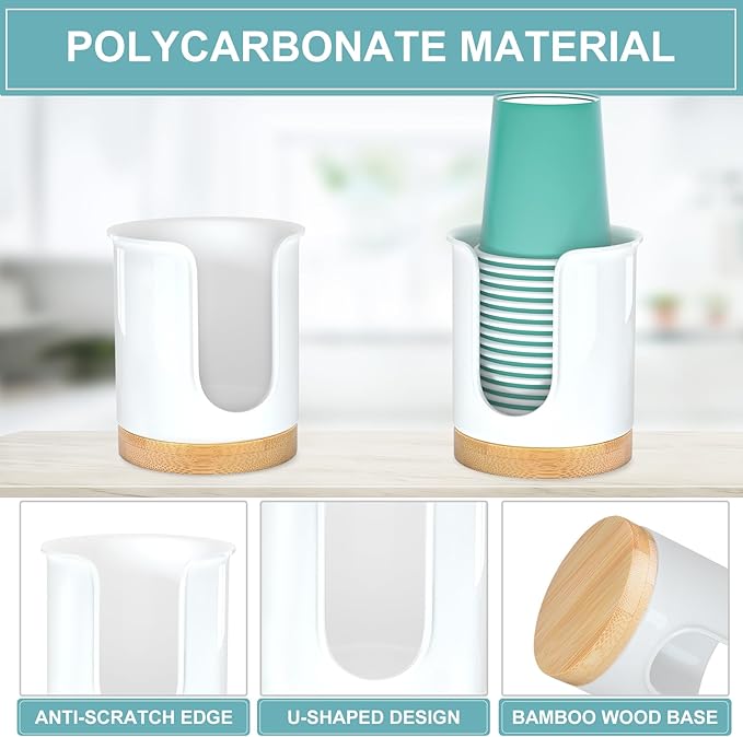 2 Pack Bathroom Cup Dispenser - Small Cup Holder and Mouthwash Cups Holder for 3 Oz Countertop - Convenient Paper Cup Dispenser - Bamboo Wood Base Bathroom Cup Holder（White）