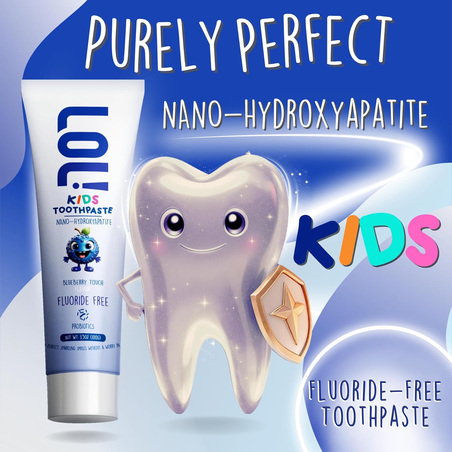 LOL Kids Toothpaste No Fluoride, Nano Hydroxyapatite Toothpaste, Probiotics, Xylitol Tooth Paste Kids | Remineralizing | Natural | Plant-Based Foam | Pasta De Dientes para Niños (Blueberry 3.5oz)