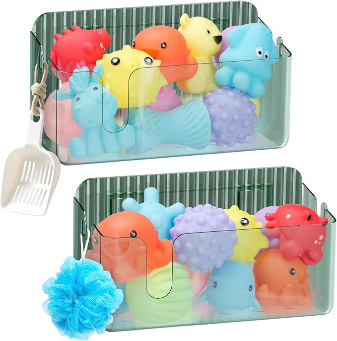2-Pack Clear Bath Toy Storage Holder Organizer, Large Capacity Durable Plastic Bathtub Shower Caddy with Drain Holes, Quick-Dry Drainable Easy Install (Transparent Green 2-Pack)