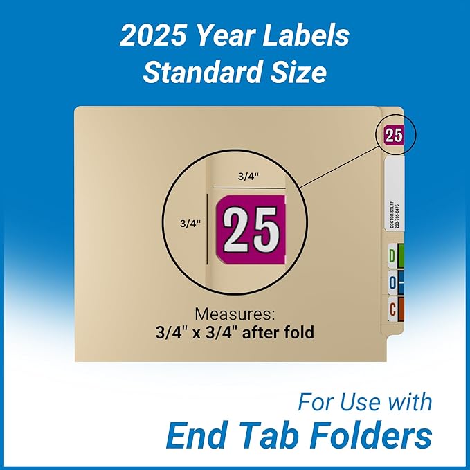 2025 Year Stickers, Doctor Stuff 2025 Chart Stickers, Fuchsia/Black Color Coded, Colwell Jewel Tone Style, USA Made Year Labels for End Tab File Folders, 500/Roll, 1 Roll, 3/4" x 1-1/2"
