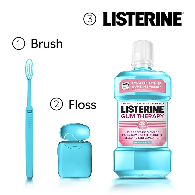 Listerine Gum Therapy Antiplaque & Anti-Gingivitis Mouthwash, Oral Rinse to Help Reverse Signs of Gingivitis Like Bleeding Gums, ADA Accepted, Glacier Mint, Twin Pack, 2 x 1 L
