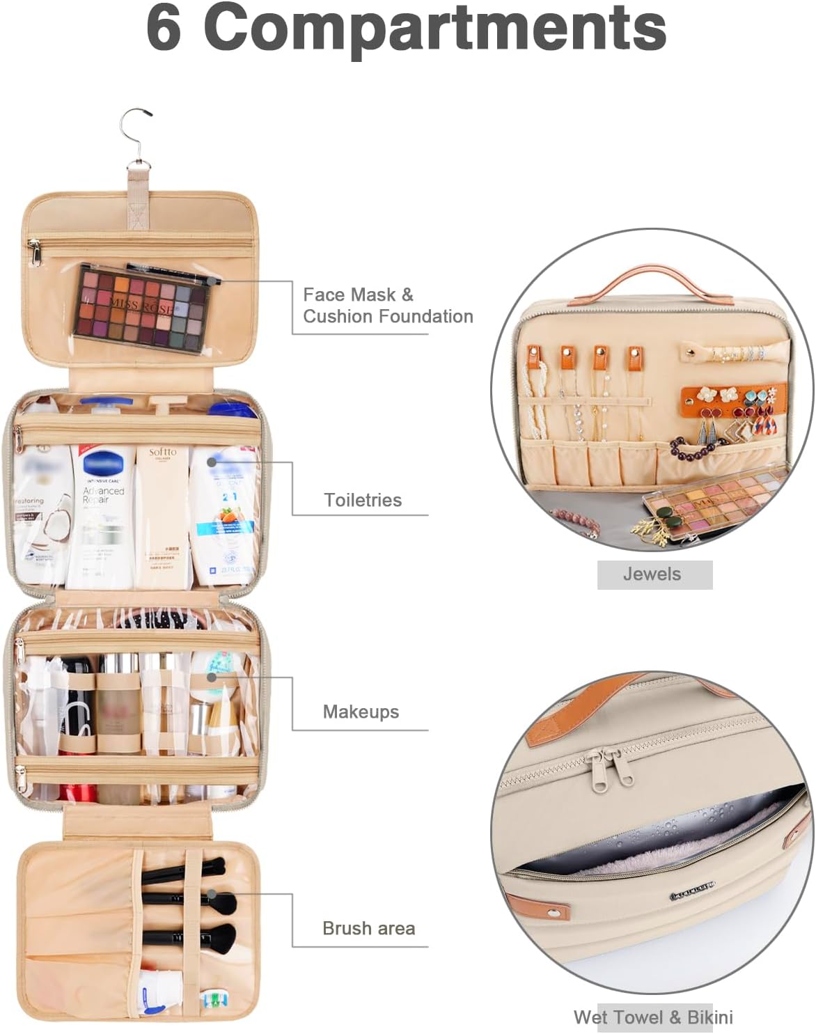Women's Hanging Toiletry Bag, Waterproof Travel Cosmetic Organizer with Jewelry Storage, Large Capacity Makeup Case for Full-Size Skincare & Bathroom Essentials, Portable Cosmetic kit, Khaki