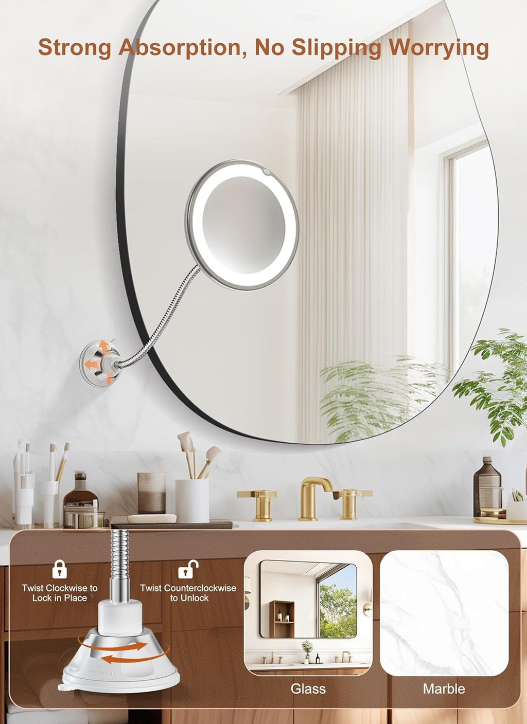 10x Magnifying Mirror with Light, Flexible Gooseneck Make up Mirror with Lights and Magnification, Battery Operated Cordless with Suction Cups for Wall Bathroom