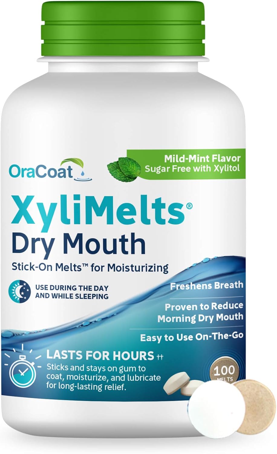 Oracoat XyliMelts for Dry Mouth Night Time or Day - Moisturizing Dry Mouth Adhering Discs, Sugar Free with Xylitol, 100 Count, Mild Mint Flavor, 8-Hour Relief